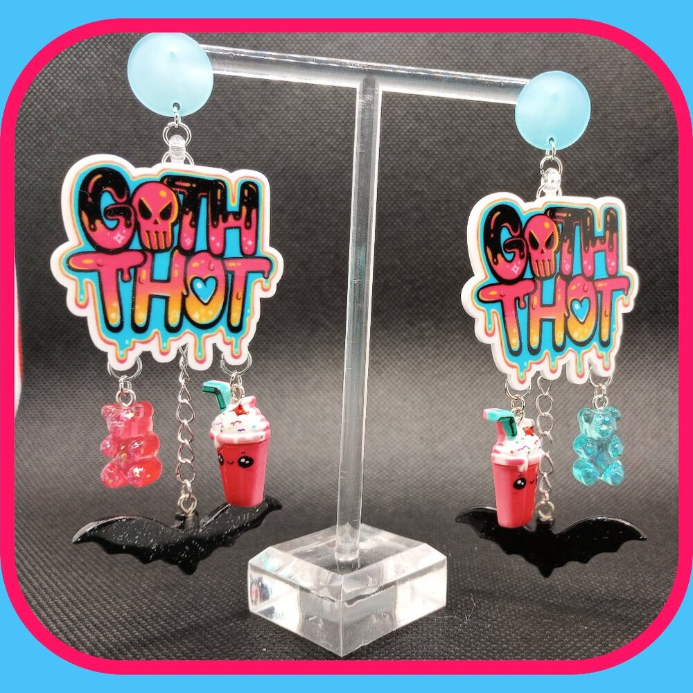 Goth ThoT Earrings Bat Gummi Bears Kawaii Frappe Pastel Drip Starbucks Pink Blue